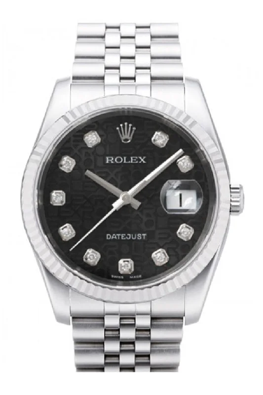 Rolex Datejust 36 Black Jubilee Diamonds Dial 18k White Gold Fluted Bezel Stainless Steel Jubilee Watch 116234 Pre-owned