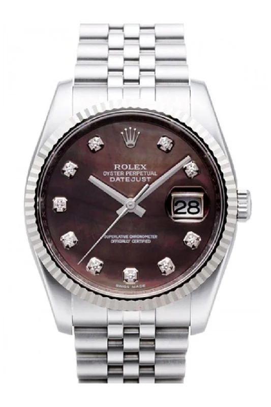 Rolex Datejust 36 Black Mother of Pearl Dial 18k White Gold Fluted Bezel Stainless Steel Jubilee Watch 116234 Pre-owned