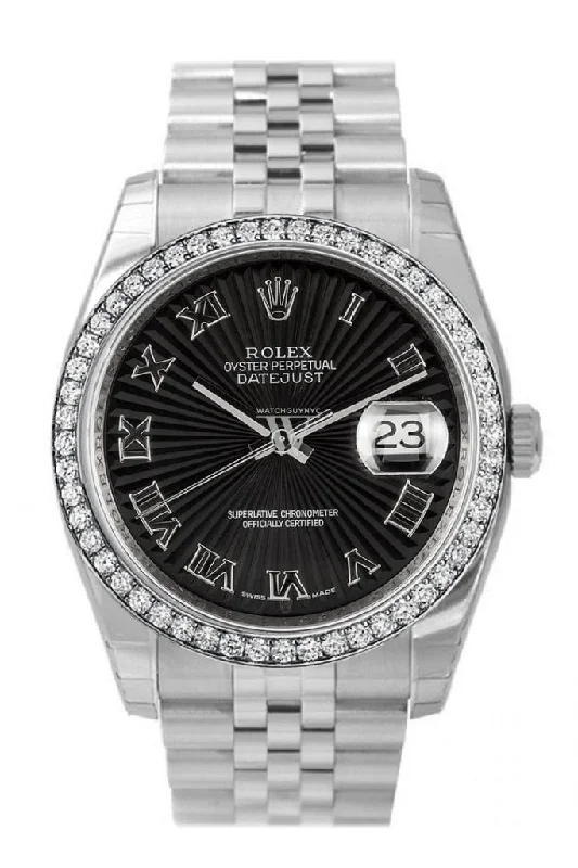 Custom Diamond Bezel Rolex Datejust 36 Black Sunbeam Dial Stainless Steel Jubilee Men's Watch 116200 Pre-owned