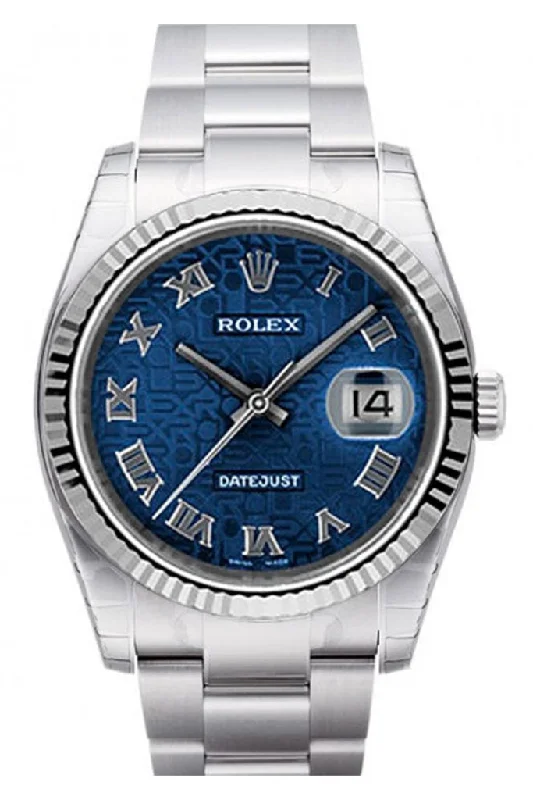 Rolex Datejust 36 Blue Jubilee Roman Dial 18k White Gold Fluted Bezel Stainless Steel Oyster Watch 116234 Pre-owned