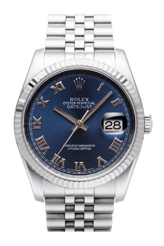 Rolex Datejust 36 Blue Roman Dial 18k White Gold Fluted Bezel Stainless Steel Jubilee Watch 116234 Pre-owned