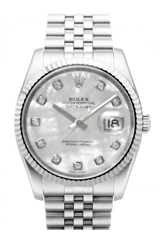 Rolex Datejust 36 Mother of Pearl Diamond Dial 18k White Gold Fluted Bezel Stainless Steel Jubilee Watch 116234 Pre-owned