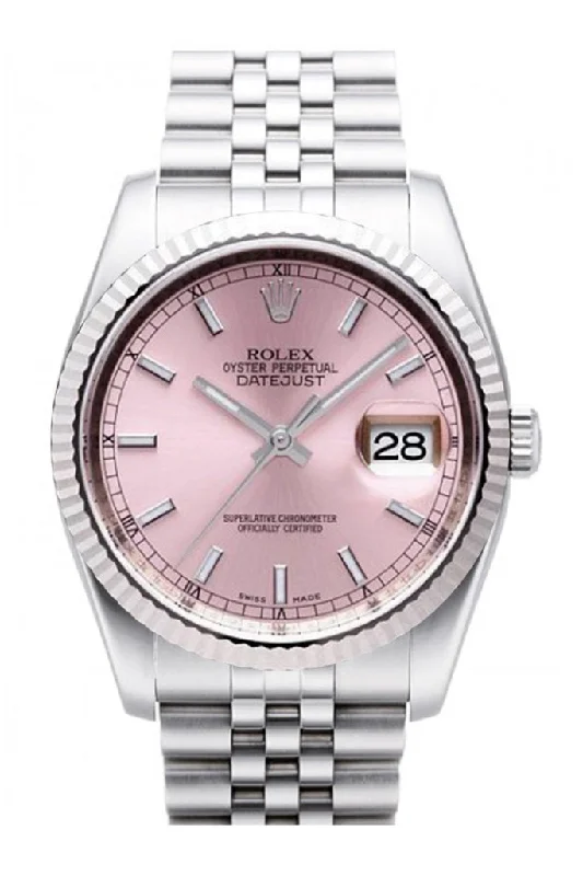 Rolex Datejust 36 Pink Dial 18k White Gold Fluted Bezel Stainless Steel Jubilee Watch 116234 Pre-owned