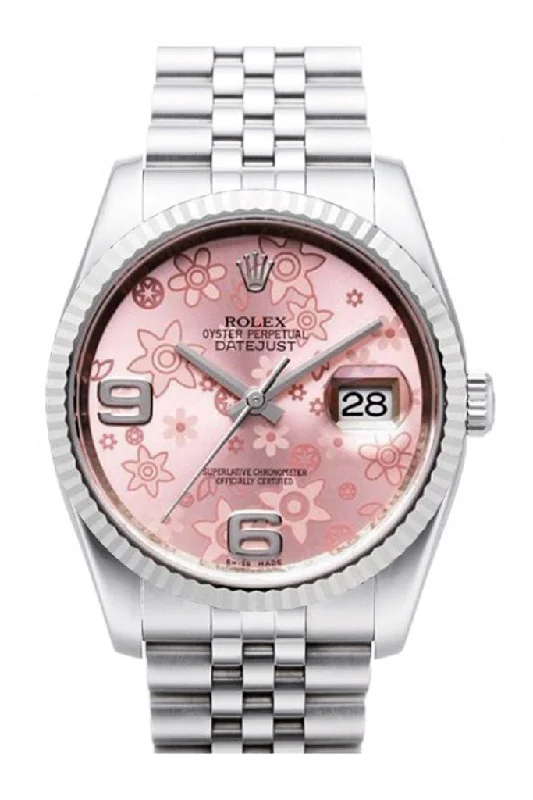 Rolex Datejust 36 Pink Floral Dial 18k White Gold Fluted Bezel Stainless Steel Jubilee Watch 116234 Pre-owned