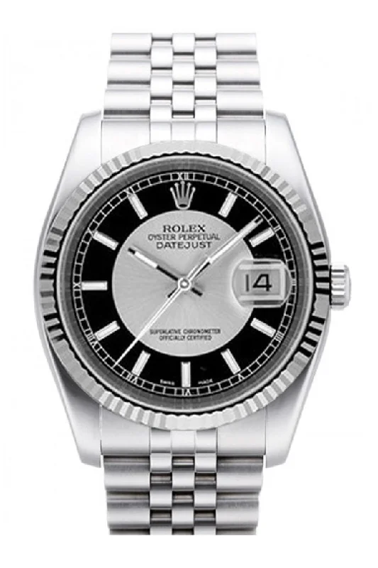 Rolex Datejust 36 Silver Black Dial 18k White Gold Fluted Bezel Stainless Steel Jubilee Watch 116234 Pre-owned