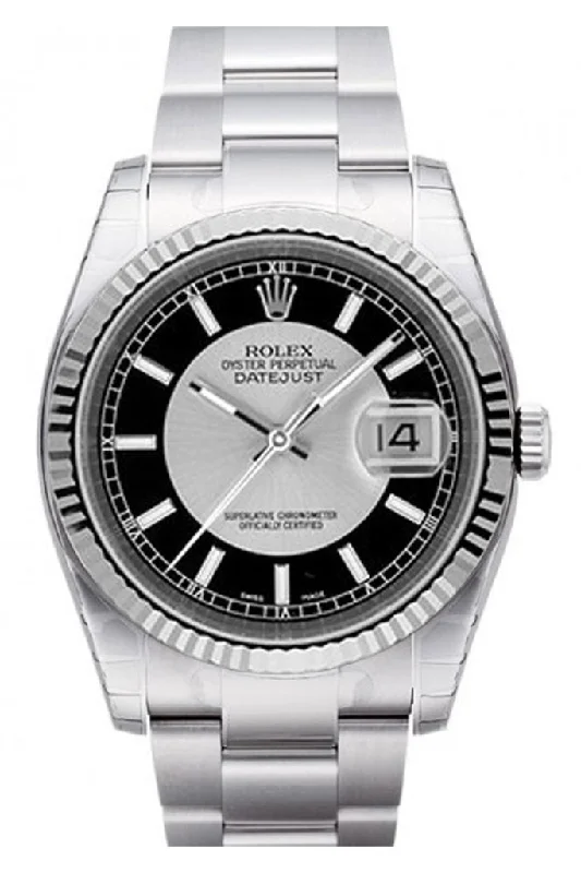 Rolex Datejust 36 Silver Black Dial 18k White Gold Fluted Bezel Stainless Steel Oyster Watch 116234 Pre-owned