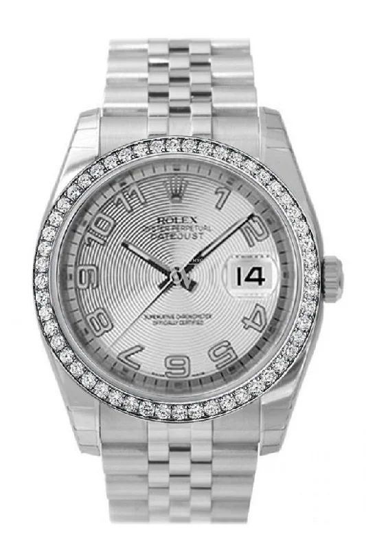 Custom Diamond Bezel Rolex Datejust 36 Silver Concentric Dial Stainless Steel Jubilee Men's Watch 116200 Pre-owned