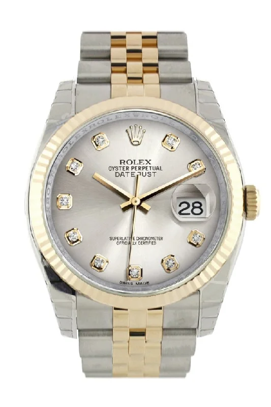 Rolex Datejust 36 Silver Diamond Dial Fluted 18K Gold Two Tone Jubilee Watch 116233 Pre-owned