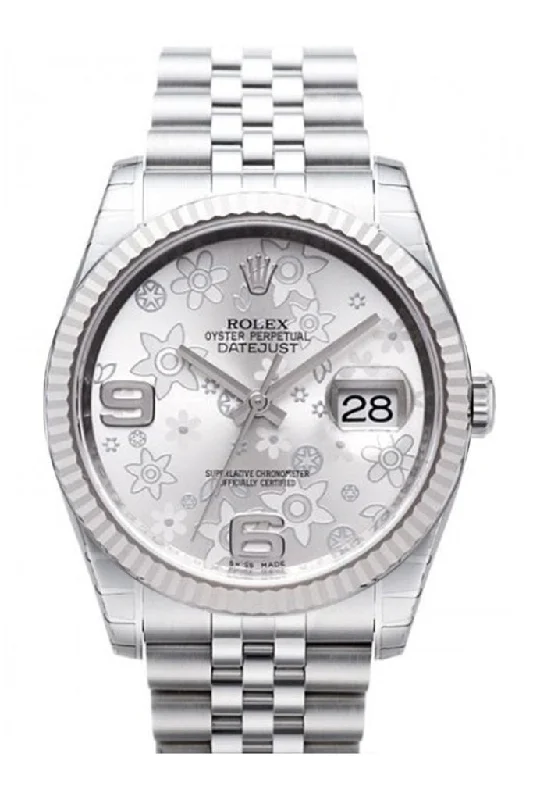 Rolex Datejust 36 Silver Floral Dial 18k White Gold Fluted Bezel Jubilee Watch 116234 Pre-owned