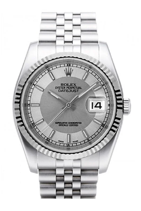 Rolex Datejust 36 Steel Silver Dial 18k White Gold Fluted Bezel Stainless Steel Jubilee Watch 116234 Pre-owned