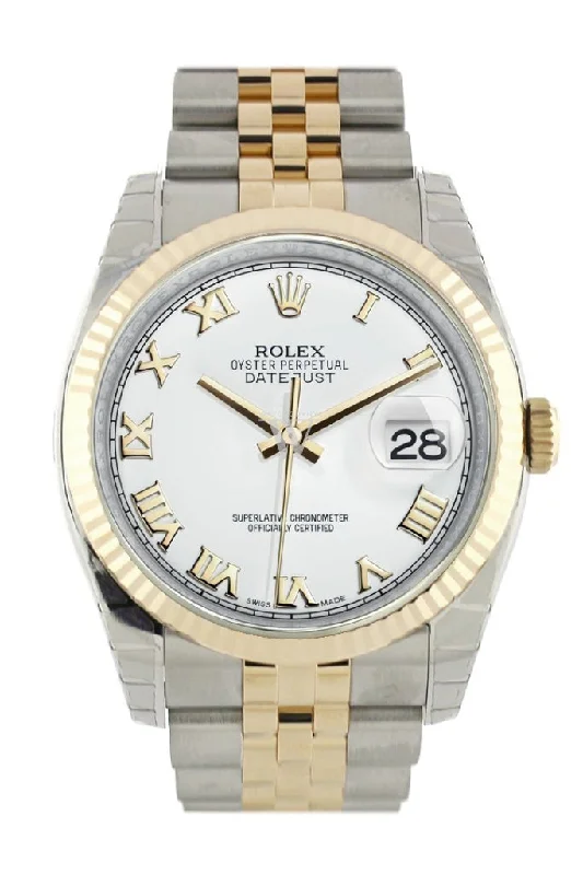 Rolex Datejust 36 White Roman Dial Fluted 18K Gold Two Tone Jubilee Watch 116233 Pre-owned